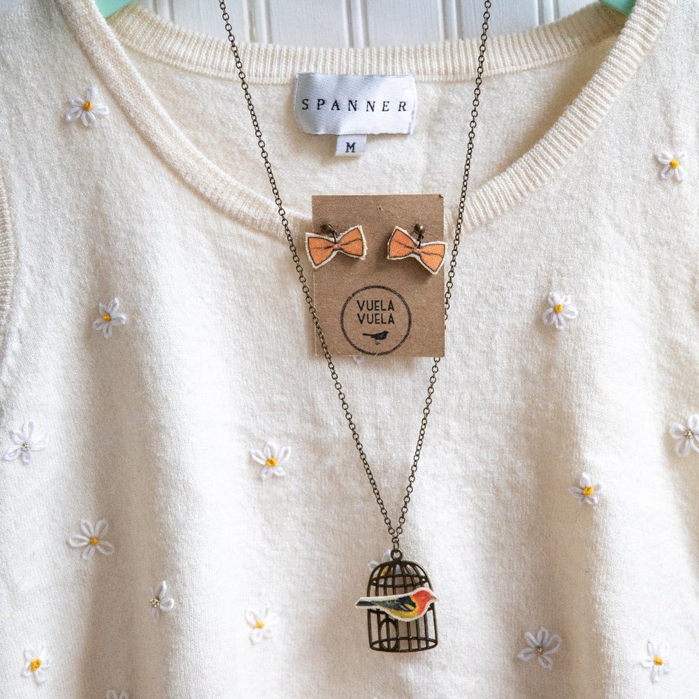 Orange Bird Necklace and bow earrings